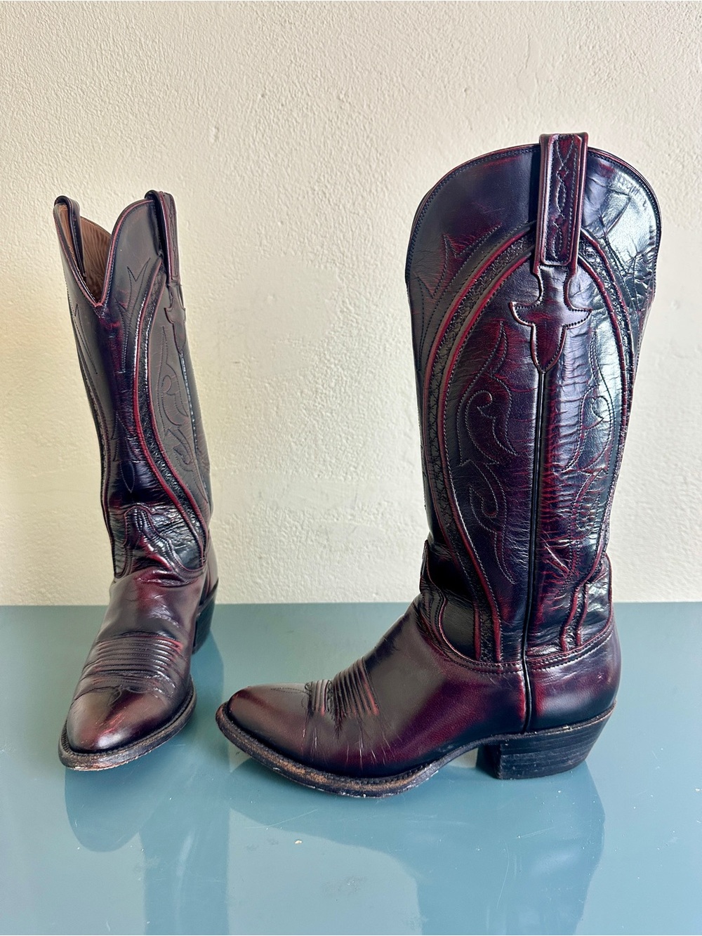 Vtg Lucchese Classics Black Cherry Goat Leather Boots Western 05245 Wm’s Sz 6 B